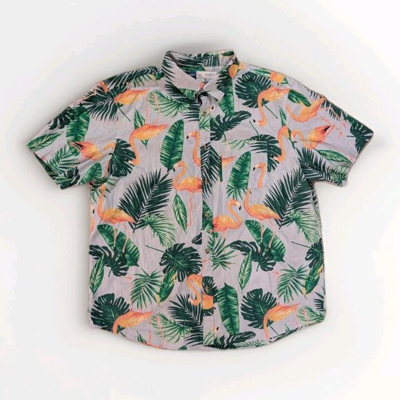 Old Navy Men’s XL Flamingo Hawaiian Shirt Gray Green Tropical Button Up Cotton - Picture 1 of 13